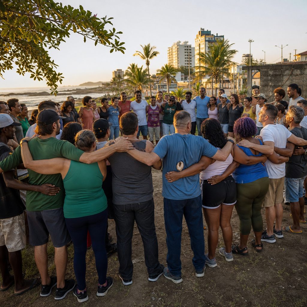 Grupo de acolhidos, voluntários e equipe da República Cristã reunidos ao entardecer