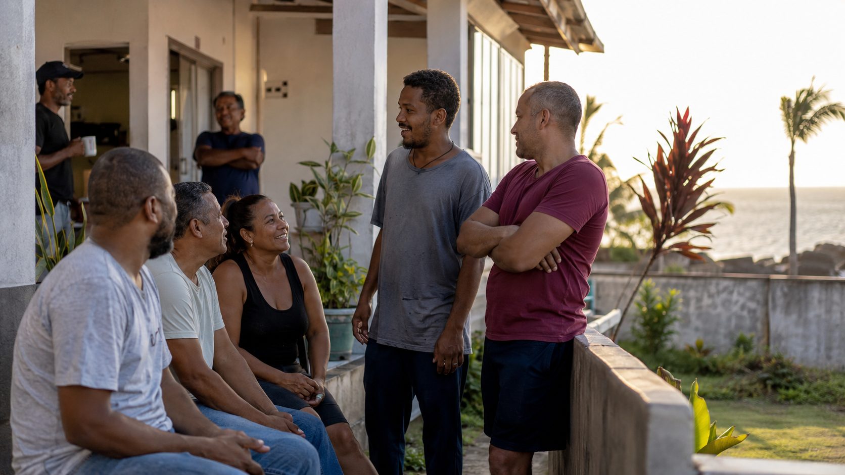 Acolhidos e equipe da República Cristã reunidos na varanda da casa, ao entardecer