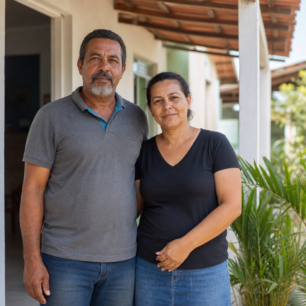Marcscharles e Rosangela, fundadores da República Cristã, na entrada da casa